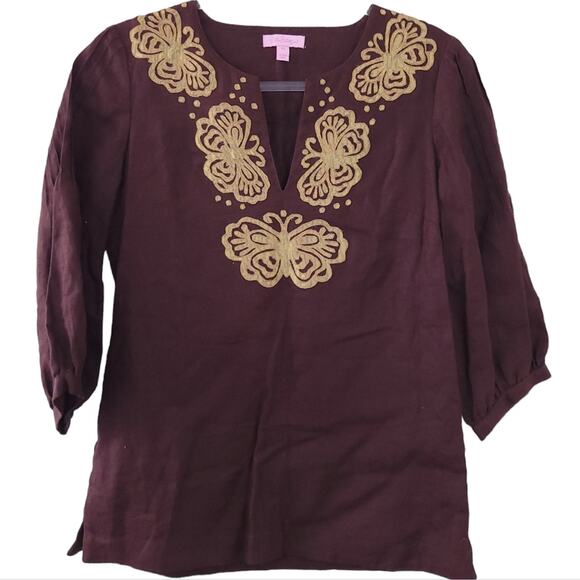 Lily Pulitzer 100% Linen Butterfly Embroidered Top XS Brown Gold, 3/4 Sleeves - Picture 1 of 6